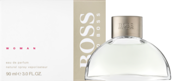 Hugo Boss Boss Woman woda perfumowana 90ml, przezroczysta butelka ze złotym korkiem, widok frontalny, obok białe pudełko.