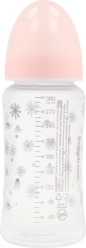 Przezroczysta butelka Babydream 300ml z szeroką szyjką, różową nasadką, miarką i wzorem kwiatków. Widok z przodu.