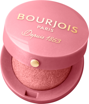 Bourjois Little Round Pot róż do policzków, różany odcień, otwarty, złoty napis na wieku, widok z góry.