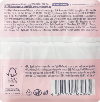 Tył różowego opakowania podpasek Facelle ultra normal ze skrzydełkami, z kodem kreskowym, logo FSC i informacjami.