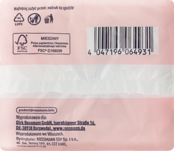 Tył różowego opakowania podpasek Facelle Ultra Normal, widoczny kod kreskowy, symbol FSC oraz informacje producenta.