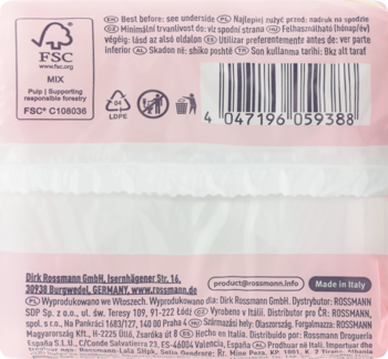 Tył opakowania podpaski Facelle ultra normal rumianek, różowo-białe, z logo FSC i kodem kreskowym, widok z bliska.