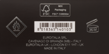 Tył czarnego opakowania perfum Versace L'Homme, z kodem kreskowym, symbolem palności i PAO 36M.