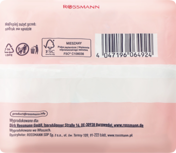 Tył różowego opakowania podpasek Facelle Ultra Rossmann z kodem kreskowym, certyfikatem FSC i danymi firmy.
