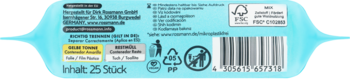 Tył jasnoniebieskiego opakowania chusteczek do demakijażu, 25 sztuk, z niemieckimi napisami i kodem kreskowym.