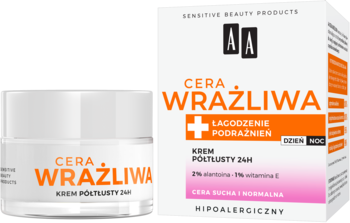 AA Cera Wrażliwa krem półtłusty 24H w słoiczku i kartoniku, widok z przodu, z pomarańczowymi akcentami.