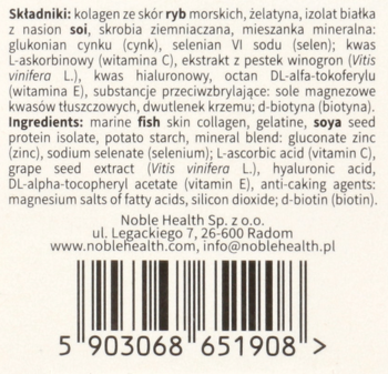 Tył opakowania Noble Health Class A Collagen, biała etykieta z listą składników i kodem kreskowym.