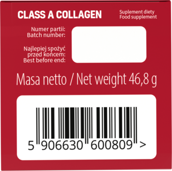 Tył opakowania Noble Health Class A Collagen, czerwona etykieta z masą netto 46,8g i kodem kreskowym.