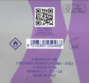 Tył opakowania Versace Woman Eau de Parfum, fioletowo-białe, z kodem QR, kreskowym, info o recyclingu i producentem.