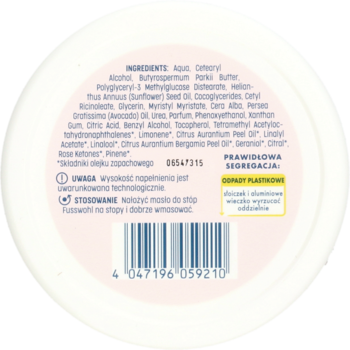 Okrągły tył opakowania masła do stóp Fusswohl z masłem shea, widoczna lista składników i barcode.
