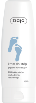 Biała tubka kremu do stóp Ziaja głęboko nawilżającego, z niebieskimi odciskami stóp i napisem 'vegan'.