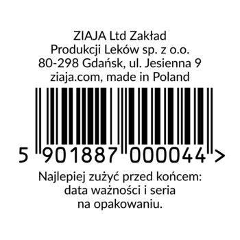 Biała etykieta z kodem kreskowym ZIAJA 5901887000044, dane producenta i informacja o terminie ważności. Widok z przodu.