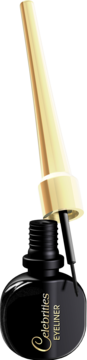 Otwarty czarny eyeliner Celebrities ze złotą nakrętką i cienkim aplikatorem, widok z przodu na beżowym tle.