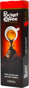 Ferrero Pocket Coffee espresso czekoladki, ciemna paczka z kawą na czekoladę, 5 sztuk, 'Feine Schokolade'.