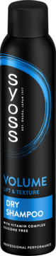 Czarny suchy szampon Syoss Volume Lift & Texture, butelka z niebieskim napisem i detalem, widok z przodu.