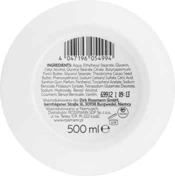 Tył białego, okrągłego słoika kremu Cocoa & Shea Butter, widoczny kod kreskowy i szczegółowa lista składników.