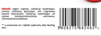 Tył białego opakowania suplementu diety NeoMag stres z listą składników i czarnym kodem kreskowym.