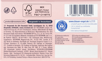 Tył różowego opakowania wkładek higienicznych Comfort, z etykietami FSC, Blauer Engel i danymi firmy.