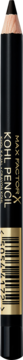 Czarny eyeliner Max Factor Kohl Kajal Masterpiece, pionowy widok na kredkę z logo i złotym kodem EAN.
