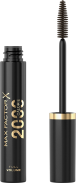 Max Factor 2000 Calorie tusz, czarna butelka ze złotym logo, otwarta, z wyjętą brązową szczoteczką do rzęs.