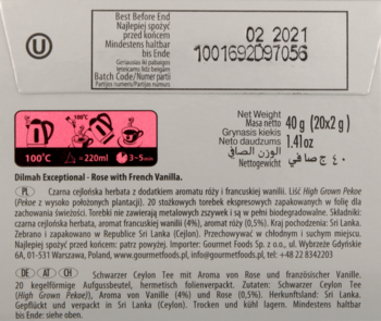 Tył opakowania herbaty Dilmah Rose z French Vanilla, z datą ważności 02 2021 i opisem produktu.