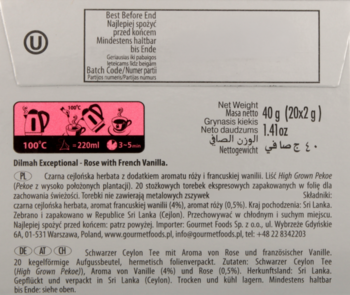 Tył opakowania herbaty Dilmah Rose z francuską wanilią, czarna cejlońska, 40g, z instrukcjami parzenia.
