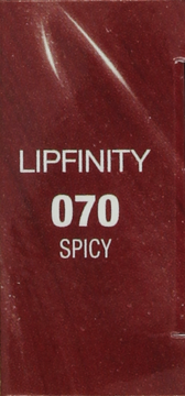 Opakowanie Max Factor Lipfinity Lip Colour, odcień 070 SPICY, głęboka czerwień z połyskiem, zbliżenie.