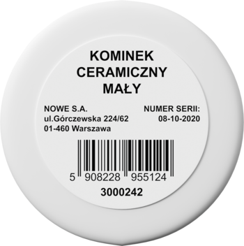 Mały biały ceramiczny kominek zapachowy, widok z góry na okrągłą etykietę z danymi producenta.