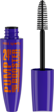 Fioletowa mascara Miss Sporty Pump Up Booster Waterproof, otwarta butelka z pomarańczowym napisem i aplikator obok.
