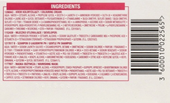 Tył opakowania farby do włosów z czerwonym nagłówkiem "INGREDIENTS", szczegółowa lista składników i kod kreskowy.