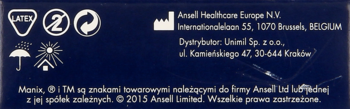 Opakowanie Unimil Orgazmax prezerwatyw, tył: symbole przechowywania, dane producenta Ansell i dystrybutora Unimil.