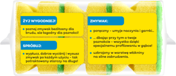 Zmywak kuchenny Jan Niezbędny, profilowany, 3 żółto-zielone gąbki w opakowaniu, widok z przodu.