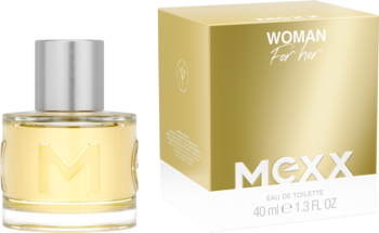 Mexx Woman Eau de Toilette 40ml: przezroczysty flakon z żółtym płynem i srebrną nakrętką, obok złote pudełko.