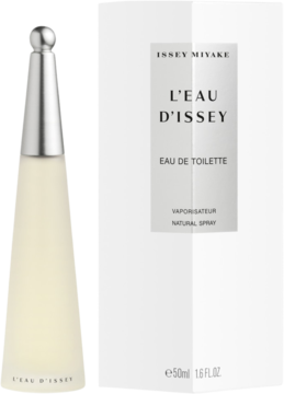 Issey Miyake L'Eau d'Issey, woda toaletowa 50ml. Matowy flakon ze srebrnym korkiem i białe pudełko. Widok z przodu.