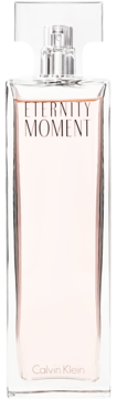 Calvin Klein Eternity Moment damska woda perfumowana w smukłej, szklanej butelce z różowym płynem, widok z przodu.