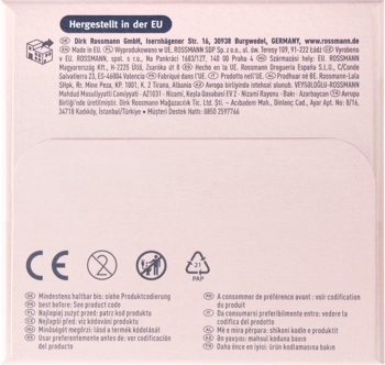 Tył różowego opakowania wkładek Facelle Extra Długa Ochrona. Widoczne dane producenta, symbol CE, Made in EU.