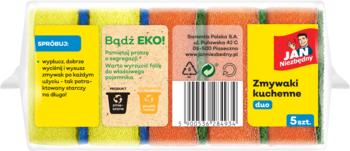 Tył opakowania 5 zmywaków kuchennych duo JAN Niezbędny. Żółte i pomarańczowe gąbki, widoczne etykiety eko i kod kreskowy.