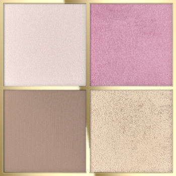 Uniwersalna paleta do makijażu: bronzer, róż, rozświetlacz i puder rozświetlający, złote obramowanie.