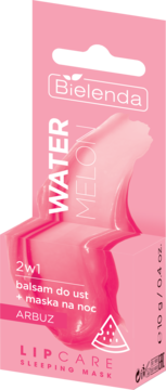 Bielenda Lip Care Sleeping Mask 2w1 arbuzowy balsam do ust + maska na noc, różowe opakowanie z efektem płynu, widok z przodu.