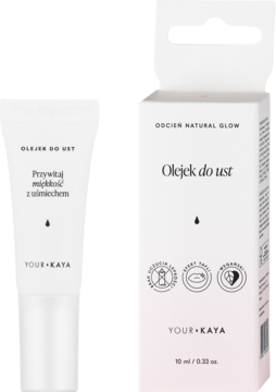 Olejek do ust Your KAYA Toffi w białej tubce i kartoniku Natural Glow. Widok z przodu, bez lepkości.