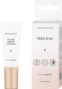 Your KAYA Olejek do ust Nude Glow. Widok beżowej tubki i białego kartonowego opakowania, ukazujący markę i odcień.