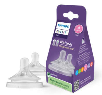 Philips Avent Natural Responsive smoczki #4, dwa antykolkowe silikonowe smoczki, fioletowe pudełko.