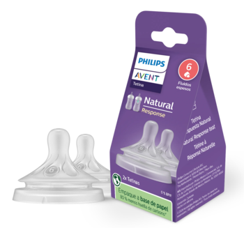 Philips Avent Natural Responsive Nipple #6, do kaszek i gęstych pokarmów. Widok fioletowego opakowania i dwóch smoczków.