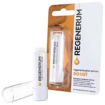 Regenerum regeneracyjne serum do ust, biały sztyft z wysuniętym serum, obok oryginalne opakowanie, na ciemnym tle.