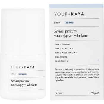 YOUR KAYA serum kwasowe na wrastające włoski, biała butelka i ulotka z listą składników.