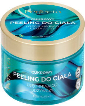 Perfecta Cukrowy Peeling do Ciała z Algami Morskimi w turkusowym słoiku ze złotą nakrętką, widok z przodu.