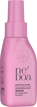 Wegańskie serum silikonowe Neboa Repair & Shine na końcówki włosów, różowa butelka z pompką, widok z przodu.
