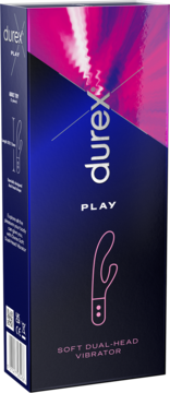 Pudełko Durex Play Soft Dual-Head Vibrator, granatowo-różowe, z zarysem różowego wibratora, widok pod kątem.