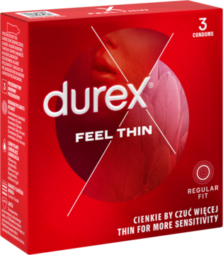 Czerwone opakowanie prezerwatyw Durex Feel Thin, 3 szt., cienkie dla większej czułości, widok z przodu pod kątem.