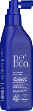 Niebieska butelka Neboa Overnight Hair Care, wcierka na porost i przeciw wypadaniu włosów, 98% natural, z przodu.